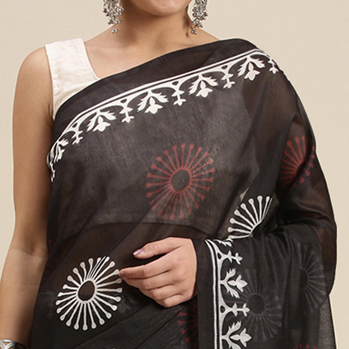 Black Casual Wear Printed Cotton Blend Saree With Tassels - Peachmode