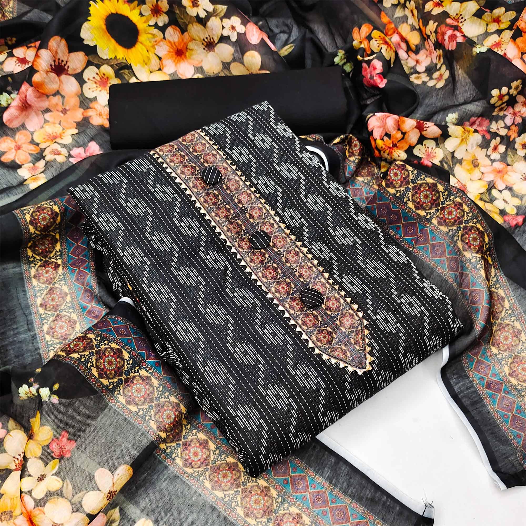 Black Casual Wear Printed Cotton Dress Material - Peachmode