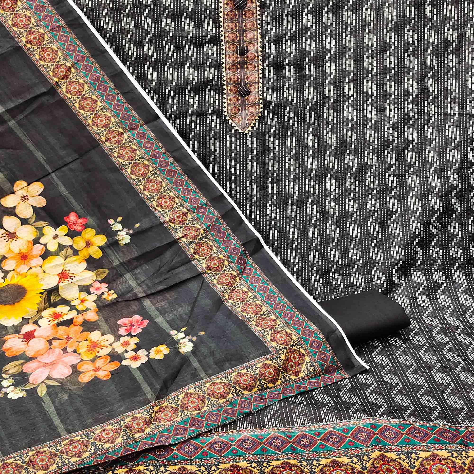 Black Casual Wear Printed Cotton Dress Material - Peachmode