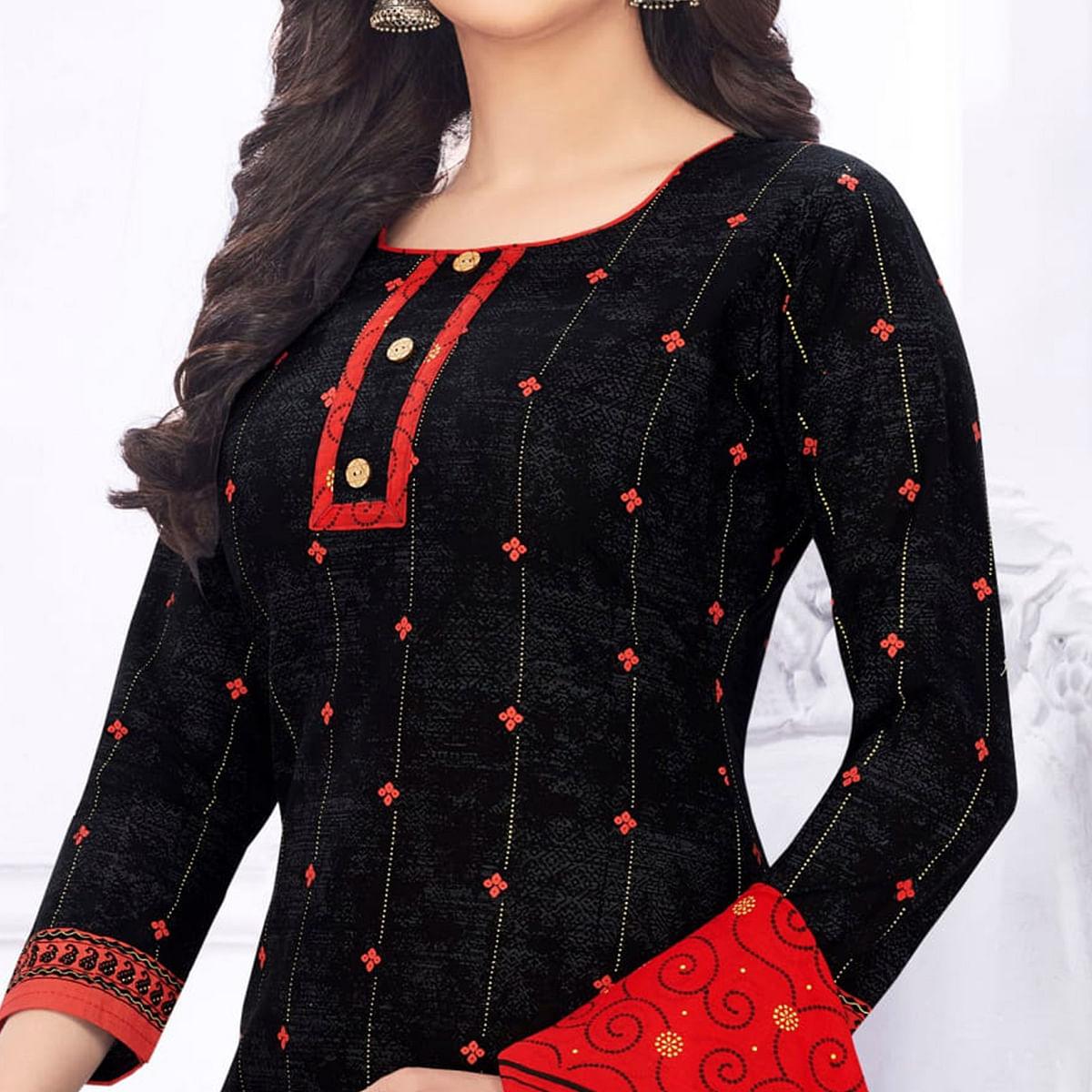 Black Casual Wear Printed Cotton Dress Material - Peachmode