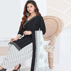 Black Casual Wear Printed Cotton Patiala Dress Material - Peachmode
