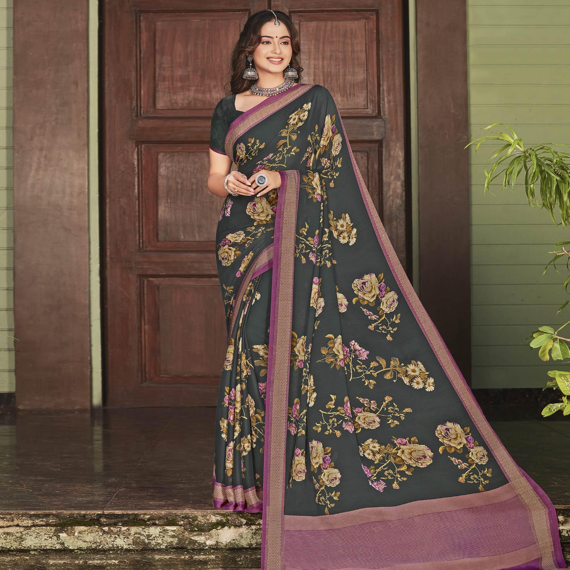 Black Casual Wear Printed Crepe Saree - Peachmode