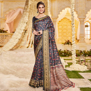 Black Casual Wear Printed Crystal Silk Saree - Peachmode