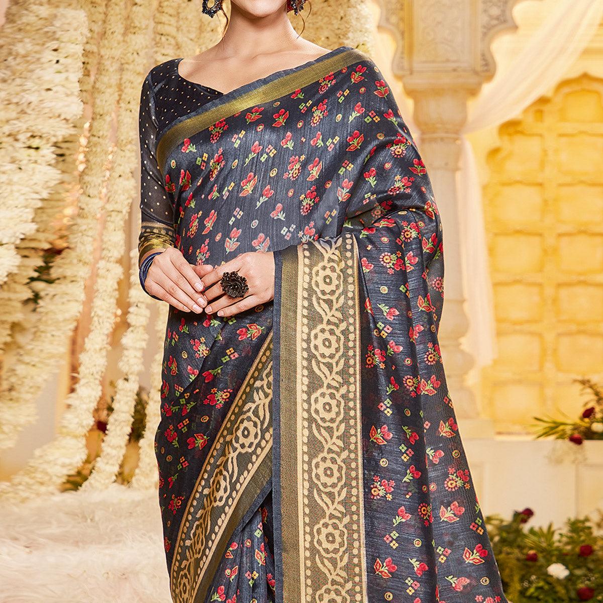 Black Casual Wear Printed Crystal Silk Saree - Peachmode