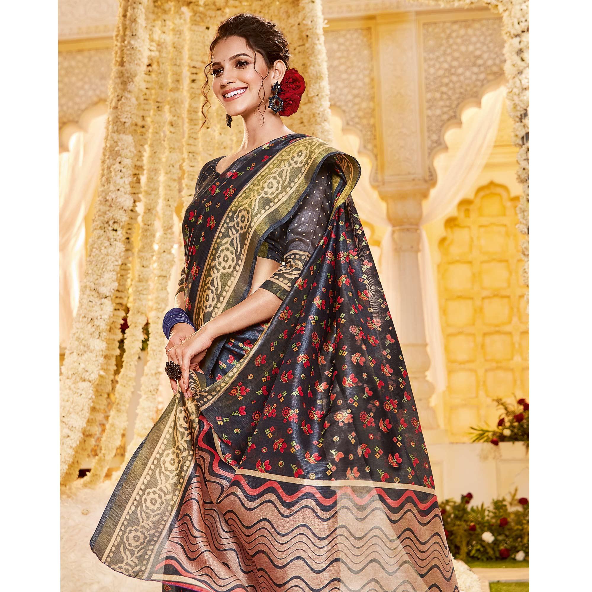 Black Casual Wear Printed Crystal Silk Saree - Peachmode
