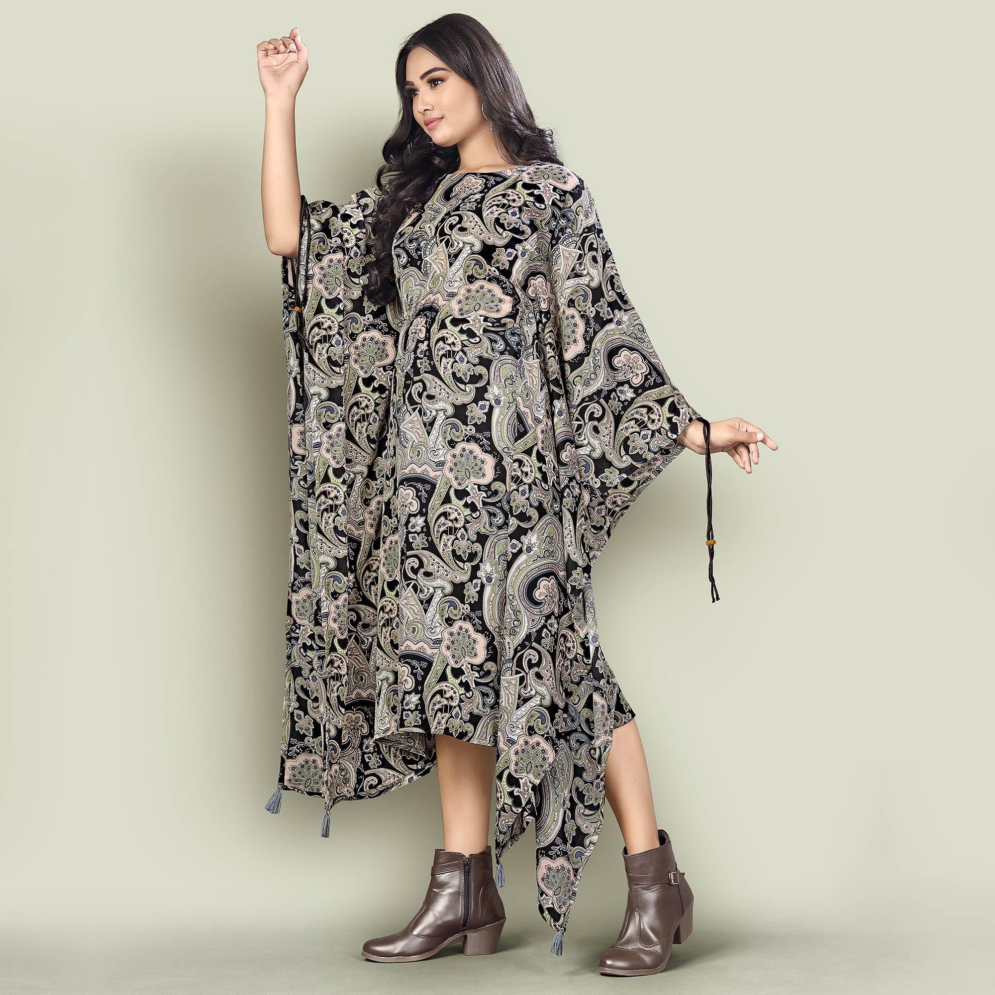 Black Casual Wear Printed Georgette Kaftan Kurti - Peachmode