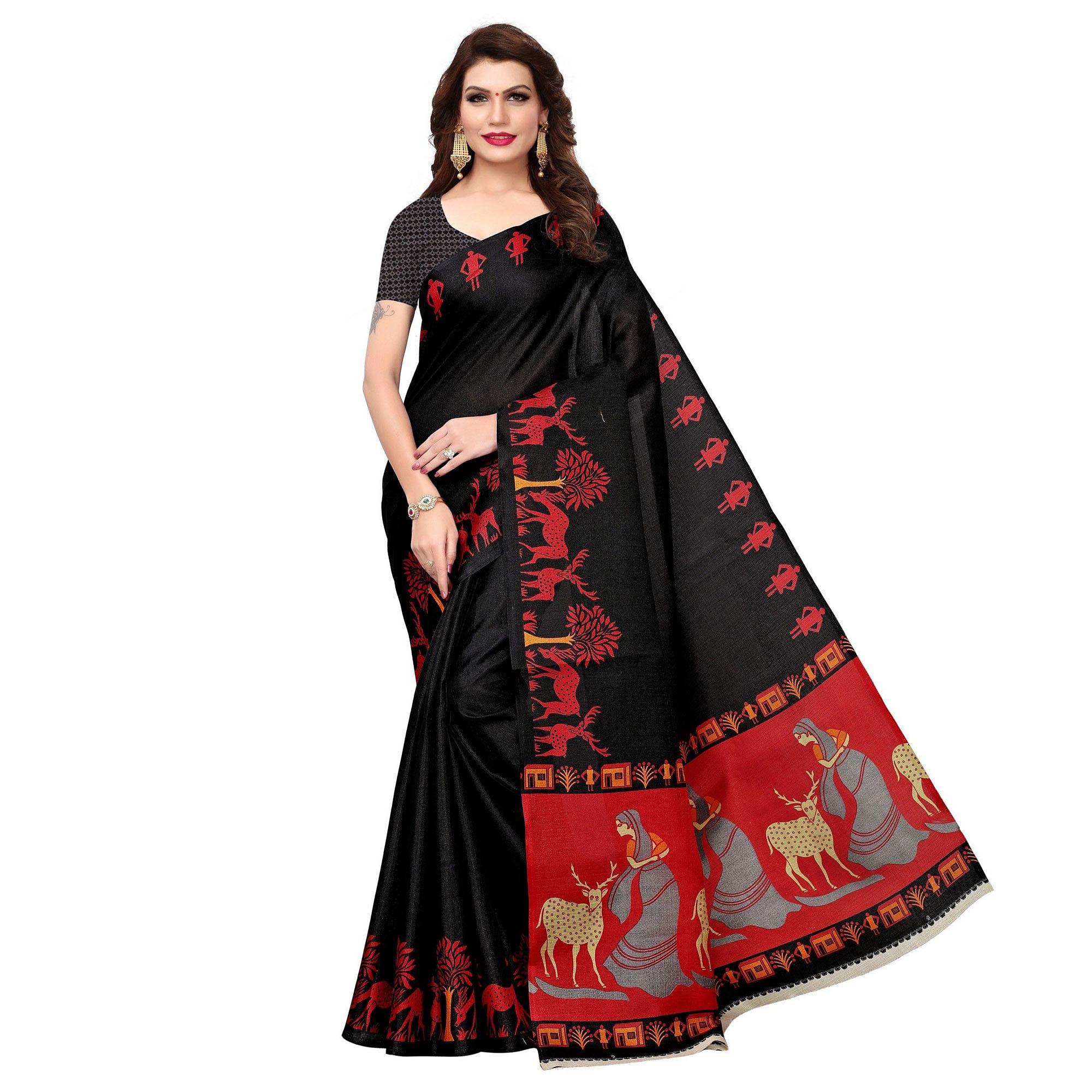 Black Casual Wear Printed Jute Saree - Peachmode