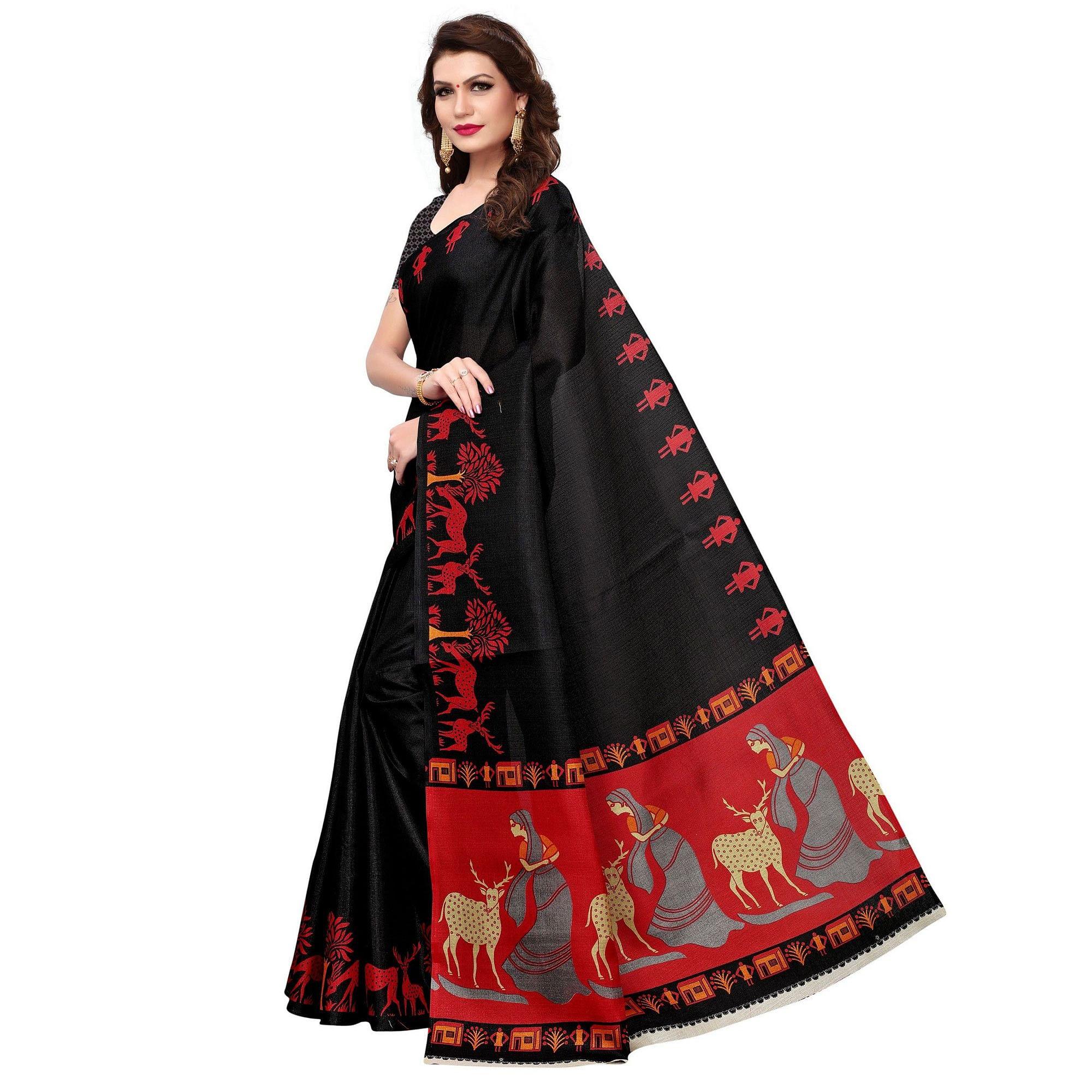 Black Casual Wear Printed Jute Saree - Peachmode