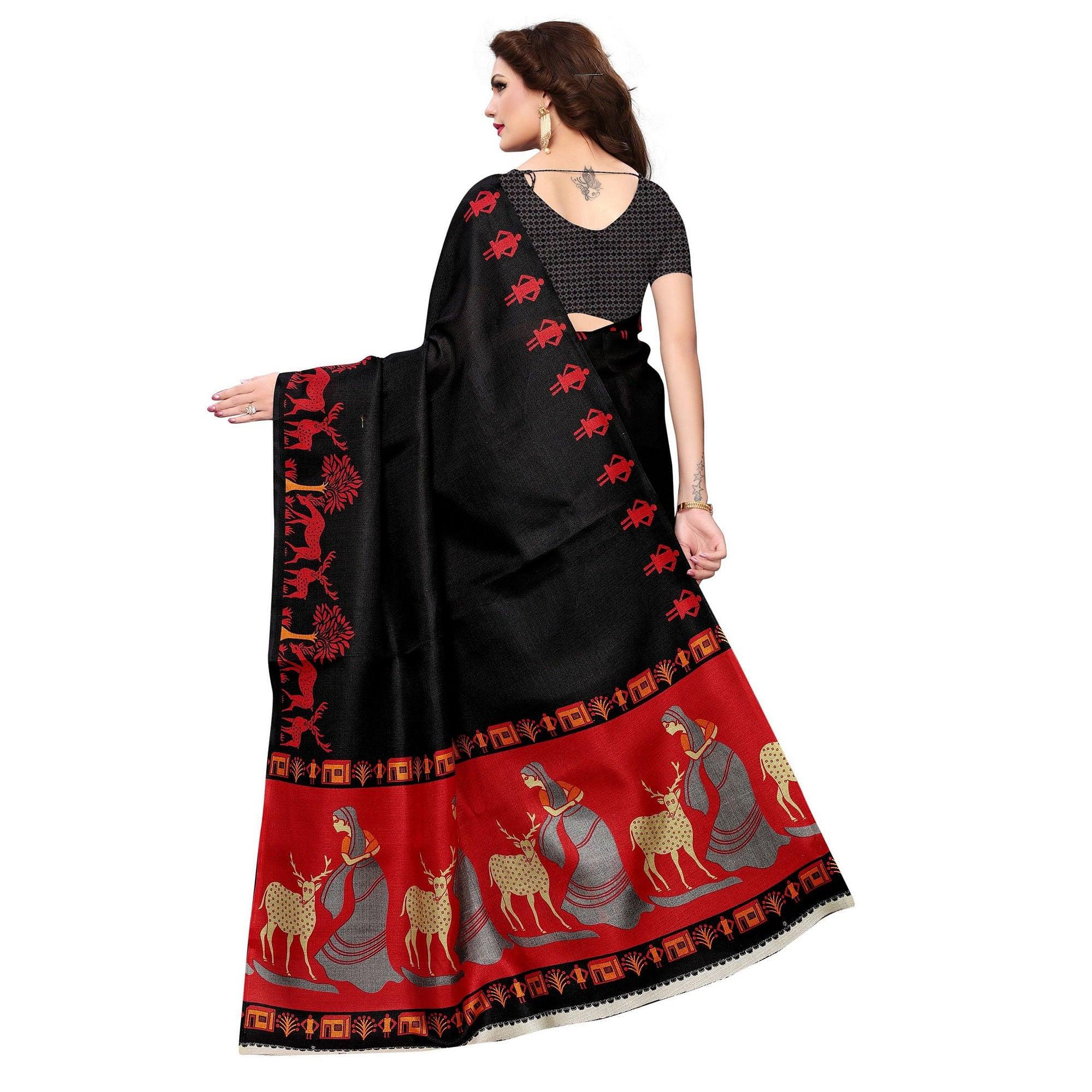 Black Casual Wear Printed Jute Saree - Peachmode