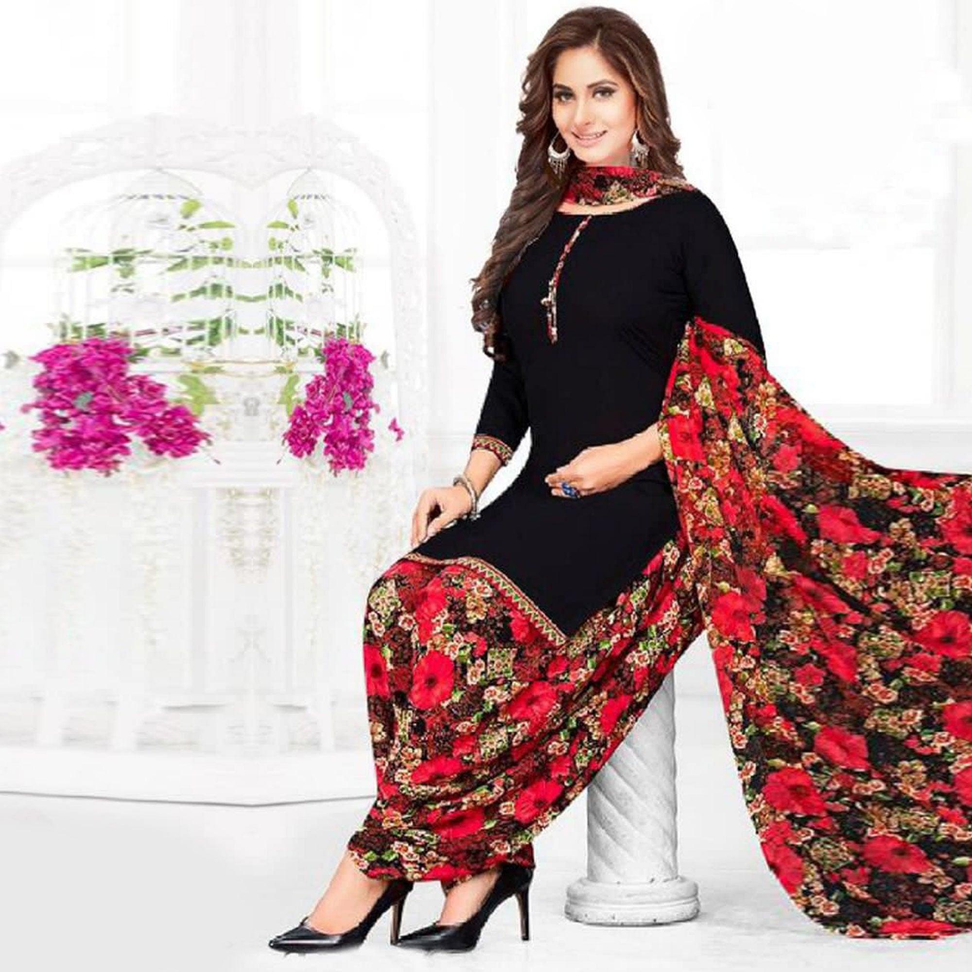 Black Casual Wear Printed Leon Patiala Dress Material - Peachmode