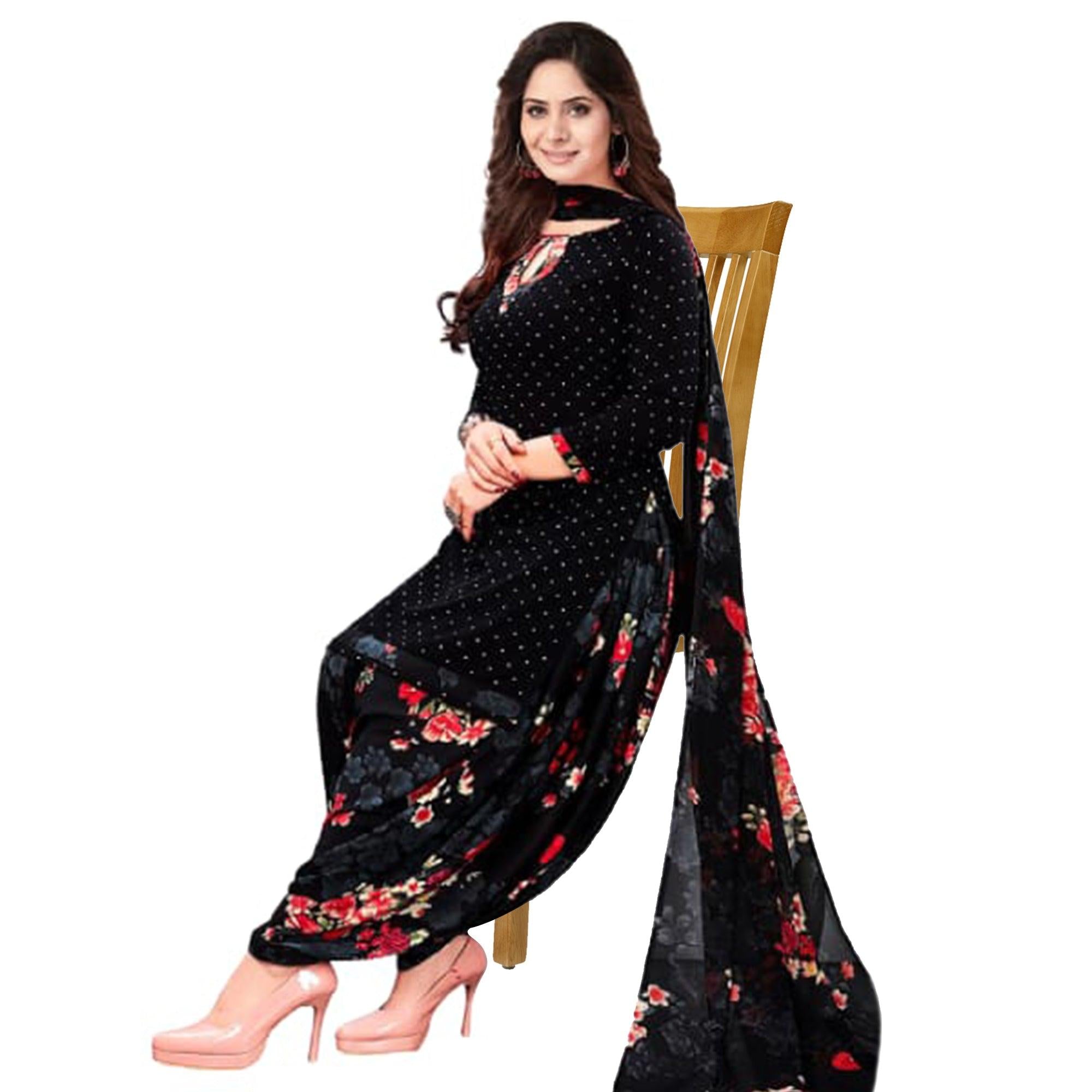Black Casual Wear Printed Leon Patiala Dress Material - Peachmode
