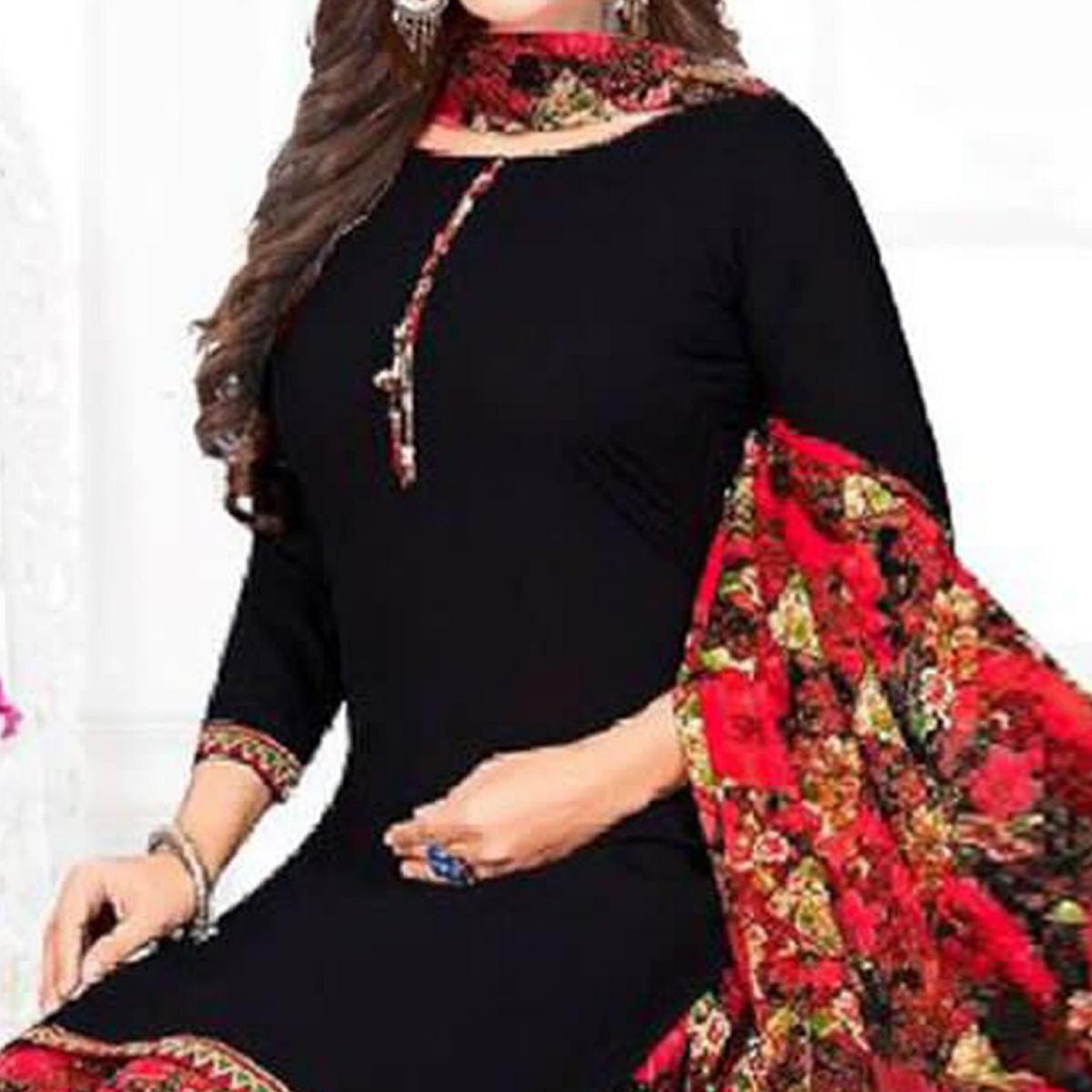 Black Casual Wear Printed Leon Patiala Dress Material - Peachmode