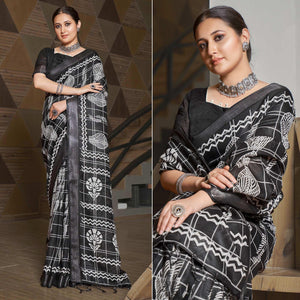 Black Casual Wear Printed Linen Saree - Peachmode