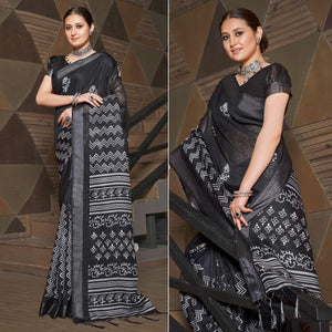 Black Casual Wear Printed Linen Saree - Peachmode