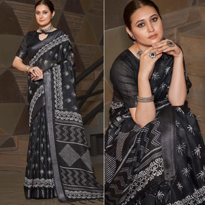 Black Casual Wear Printed Linen Saree - Peachmode