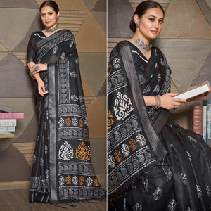 Black Casual Wear Printed Linen Saree - Peachmode