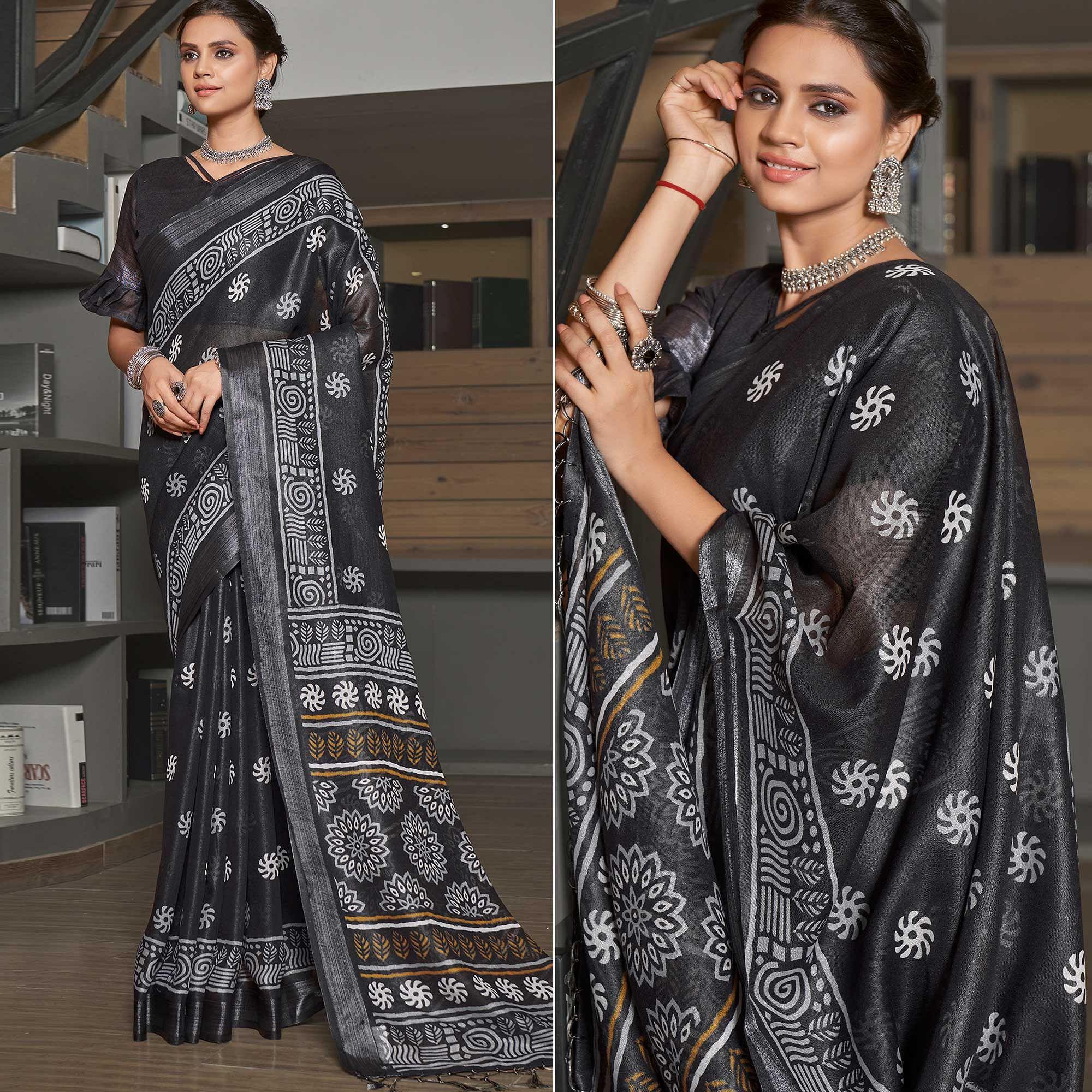 Black Casual Wear Printed Linen Saree - Peachmode