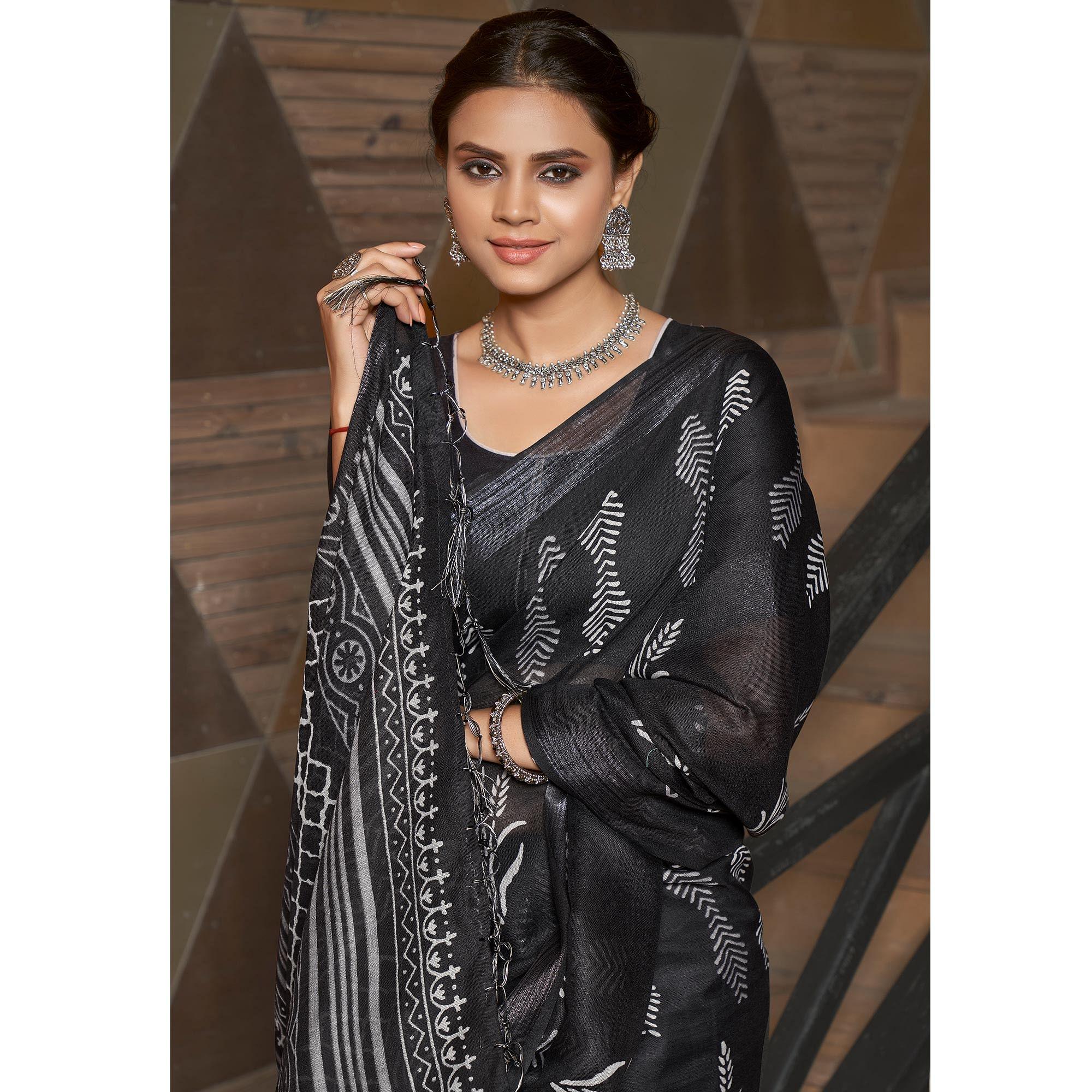Black Casual Wear Printed Linen Saree - Peachmode