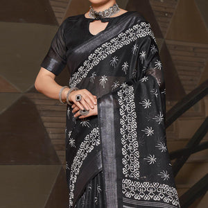 Black Casual Wear Printed Linen Saree - Peachmode