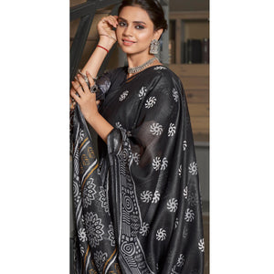 Black Casual Wear Printed Linen Saree - Peachmode