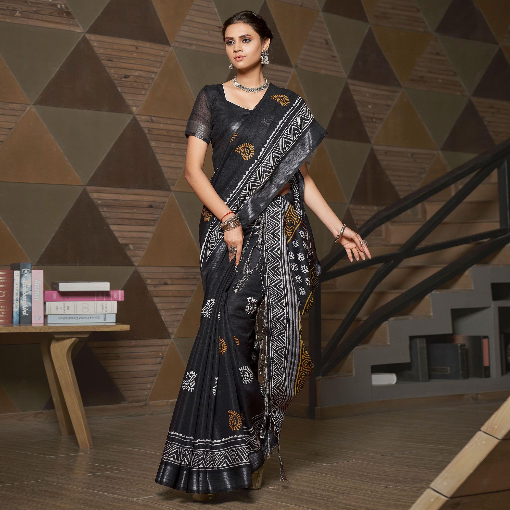 Black Casual Wear Printed Linen Saree - Peachmode