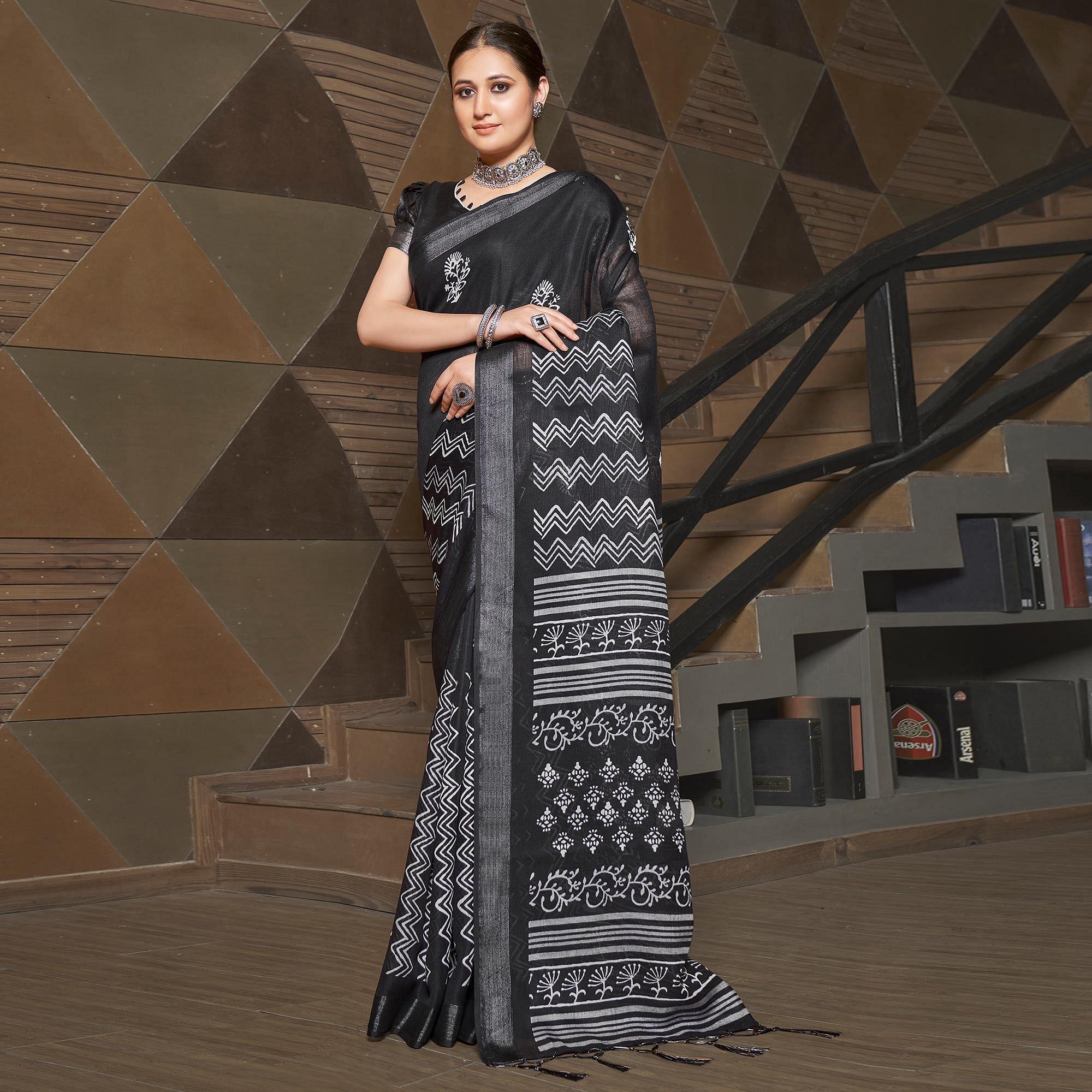 Black Casual Wear Printed Linen Saree - Peachmode