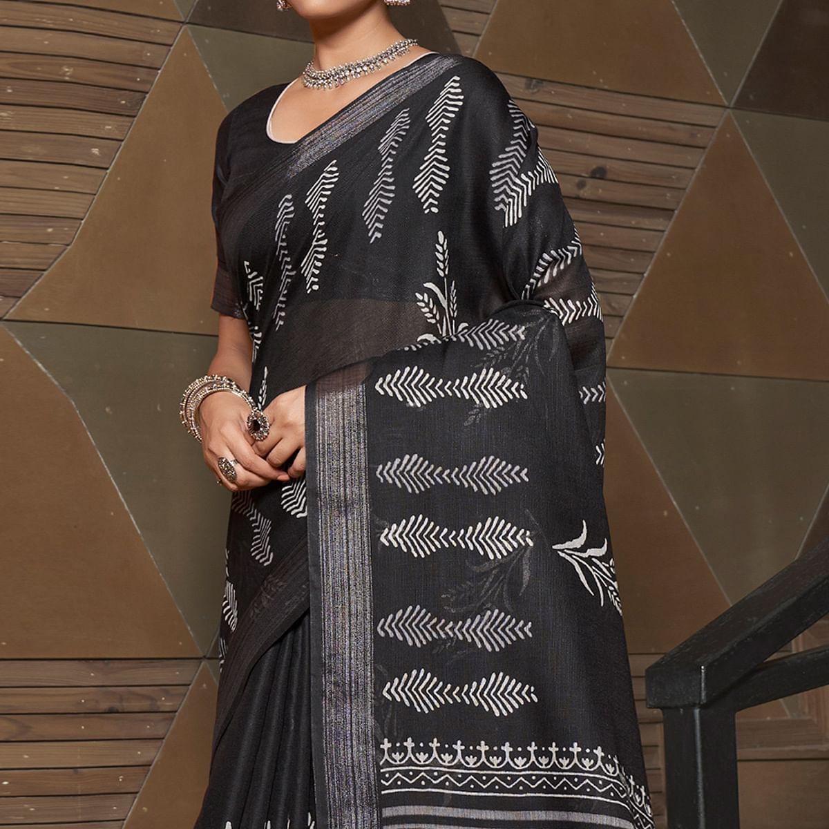 Black Casual Wear Printed Linen Saree - Peachmode