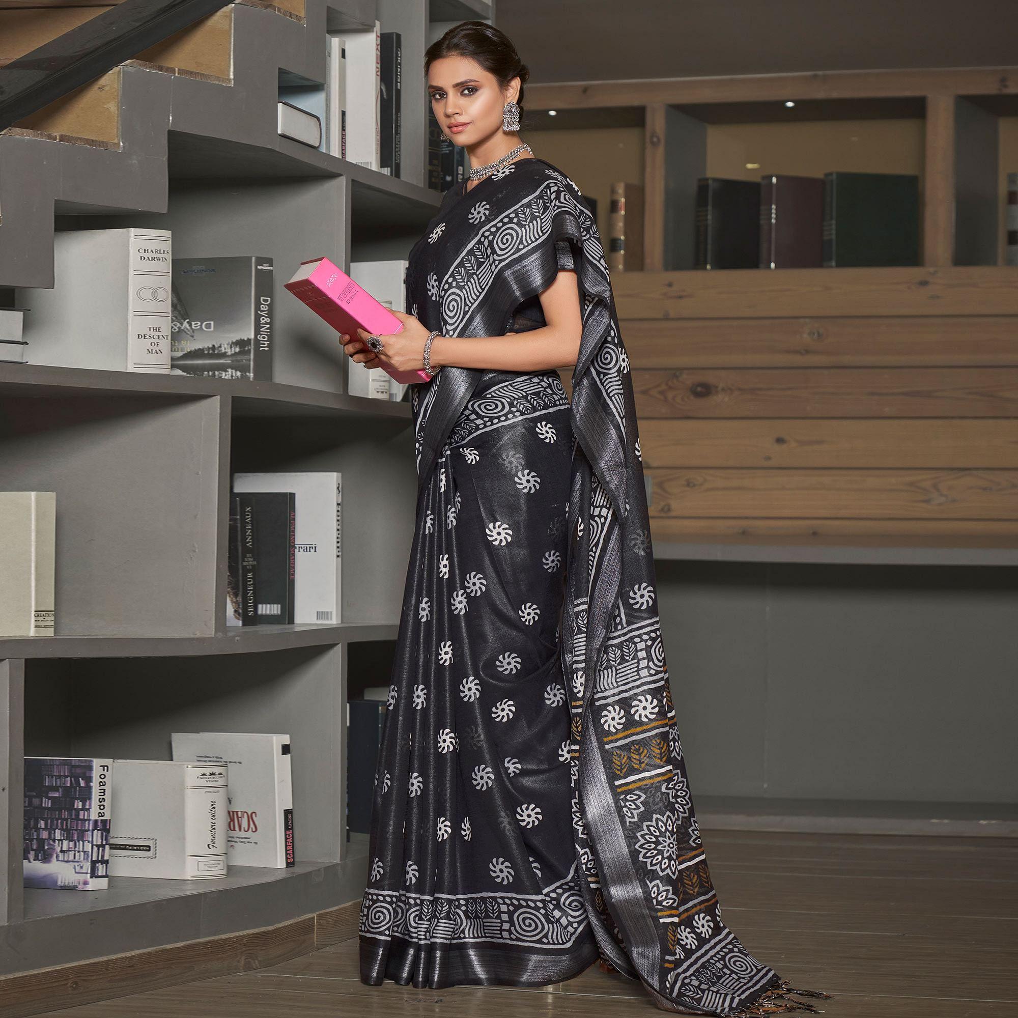 Black Casual Wear Printed Linen Saree - Peachmode