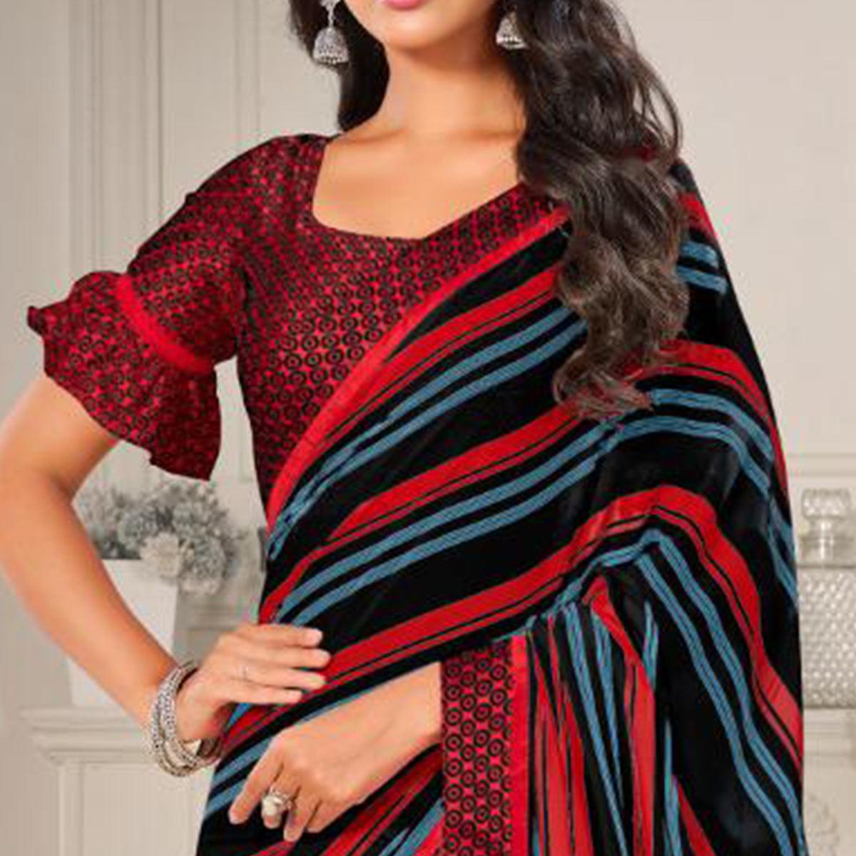 Black Casual Wear Printed Satin Saree - Peachmode