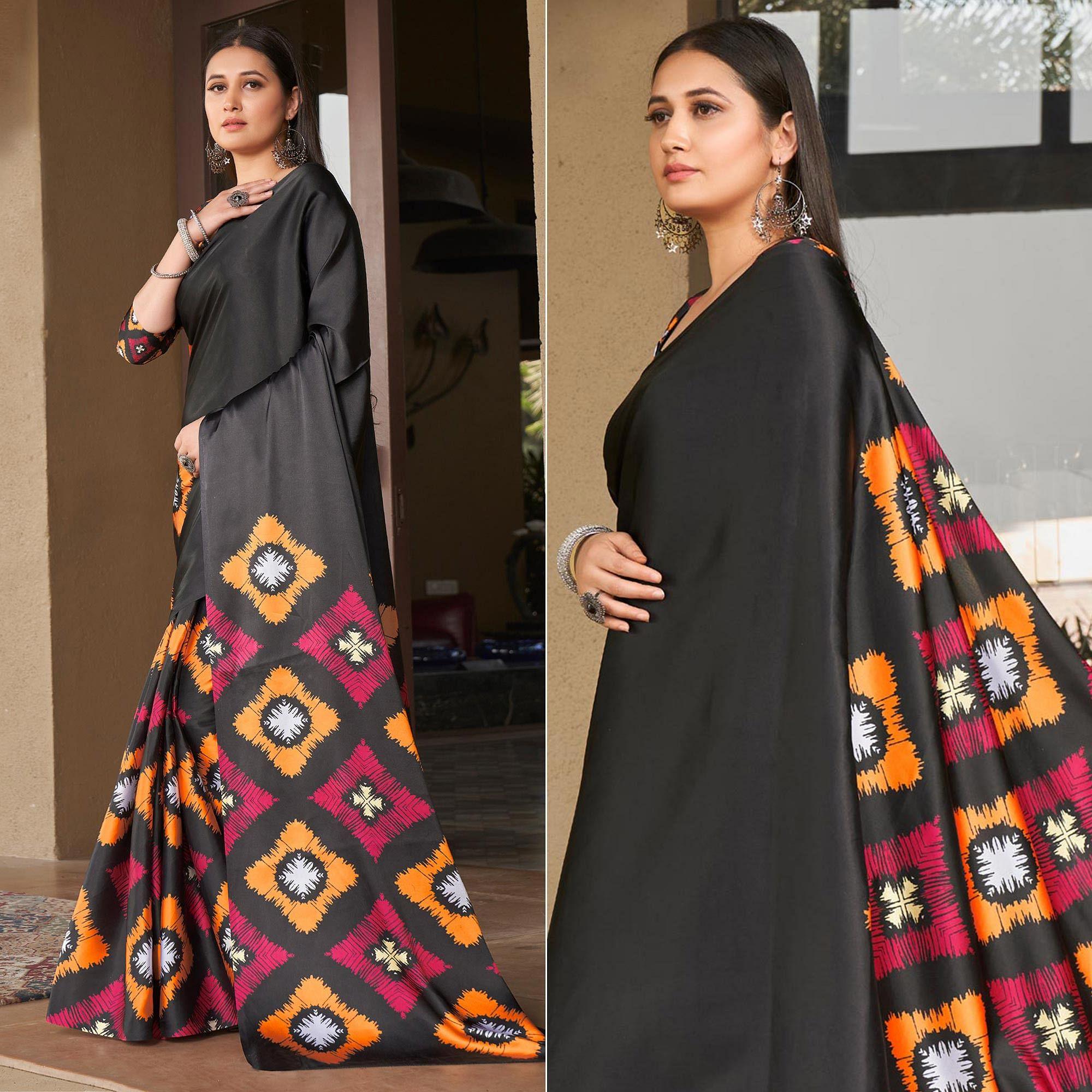 Black Casual Wear Printed Satin Silk Saree - Peachmode