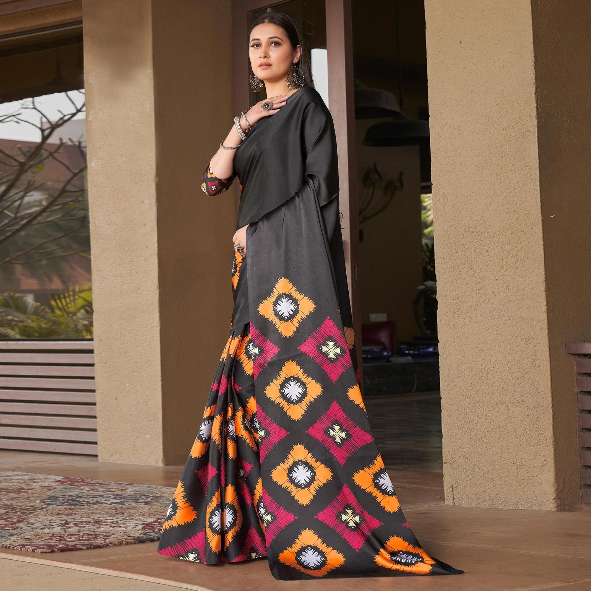 Black Casual Wear Printed Satin Silk Saree - Peachmode