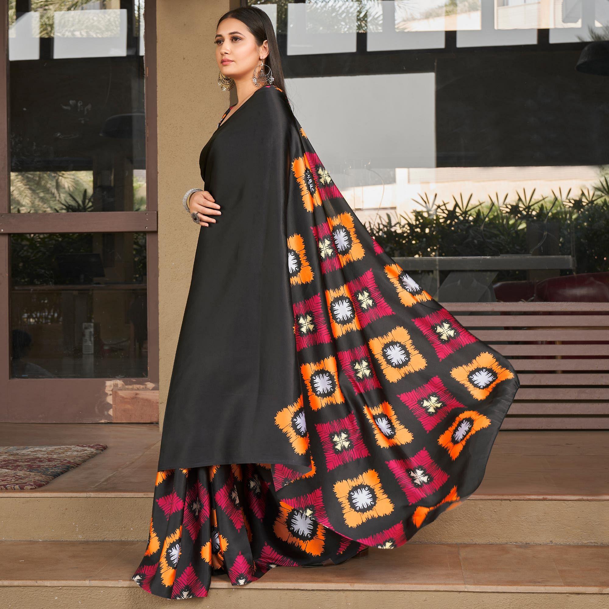 Black Casual Wear Printed Satin Silk Saree - Peachmode