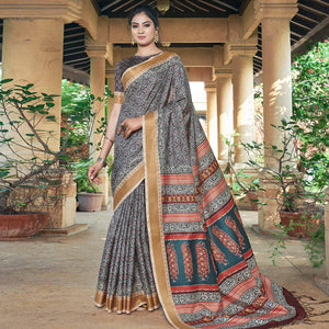 Black Casual Wear Printed Silk Saree - Peachmode