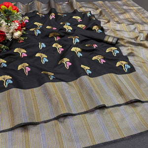 Black Casual Wear Printed Silk Saree - Peachmode