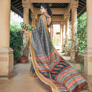 Black Casual Wear Printed Silk Saree - Peachmode