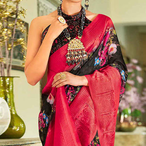 Black Casual Wear Printed Soft Cotton Saree - Peachmode