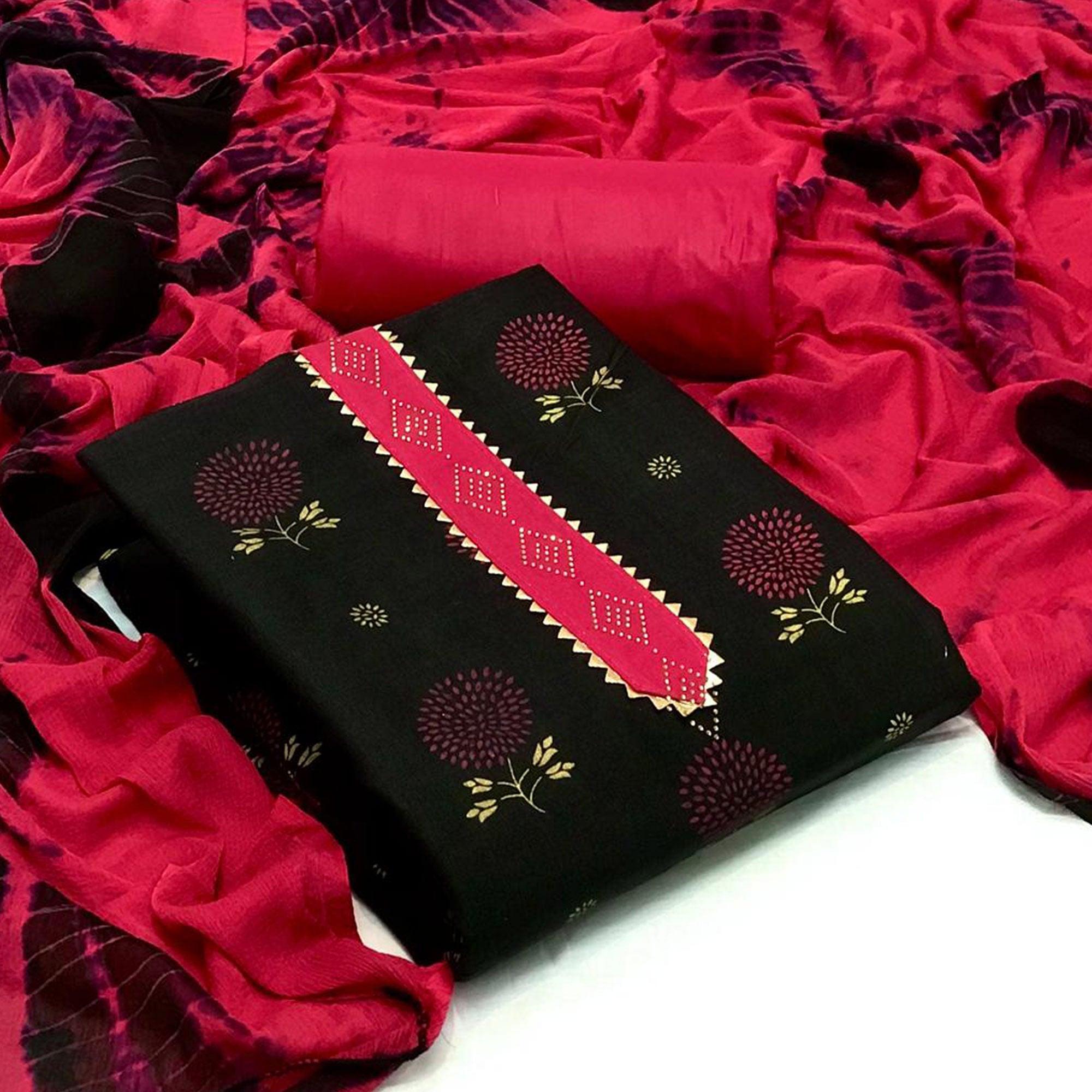 Black Casual Wear Printed With Swarovski Cotton Dress Material - Peachmode