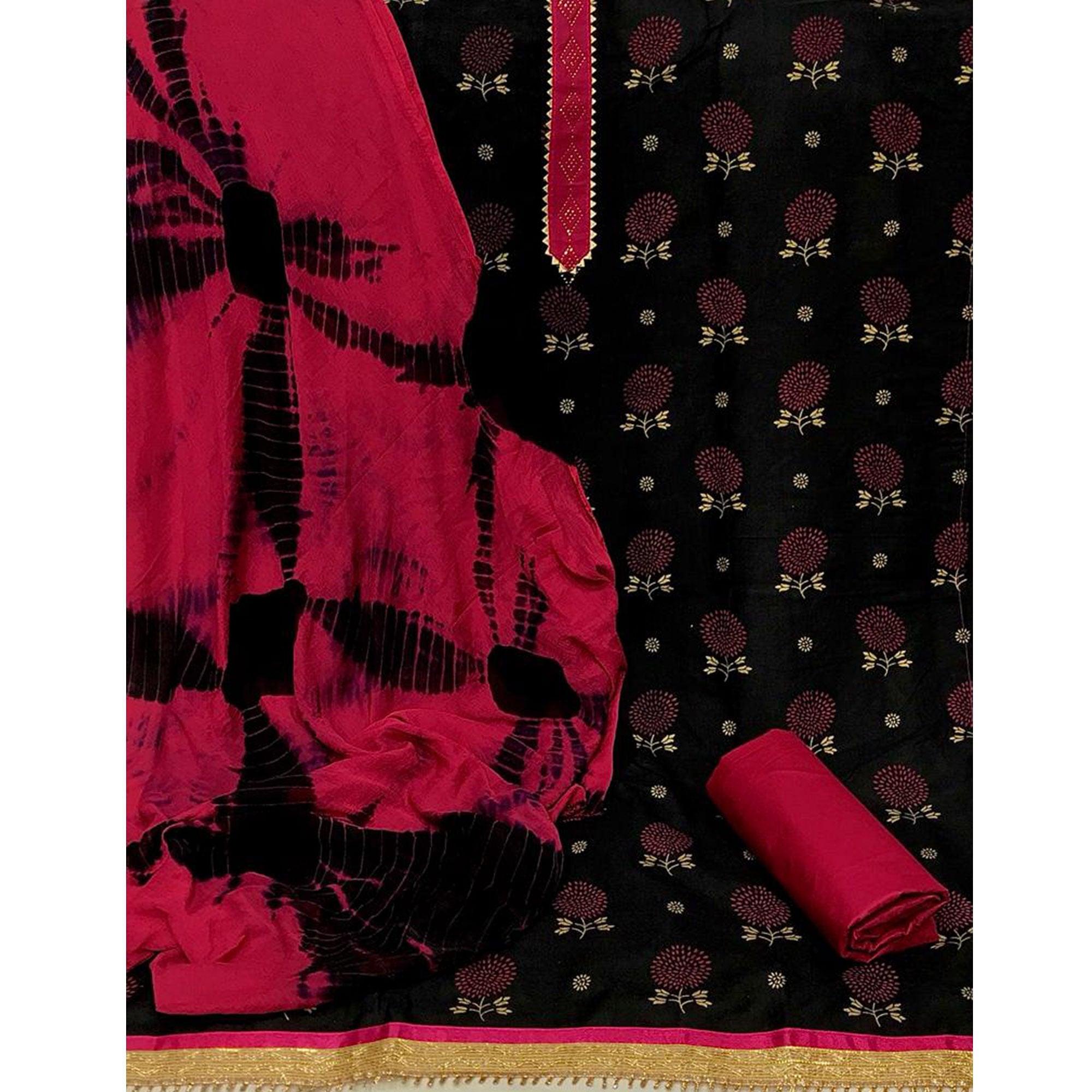 Black Casual Wear Printed With Swarovski Cotton Dress Material - Peachmode