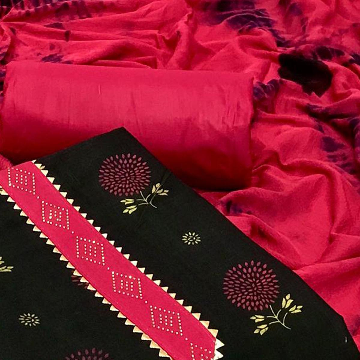 Black Casual Wear Printed With Swarovski Cotton Dress Material - Peachmode