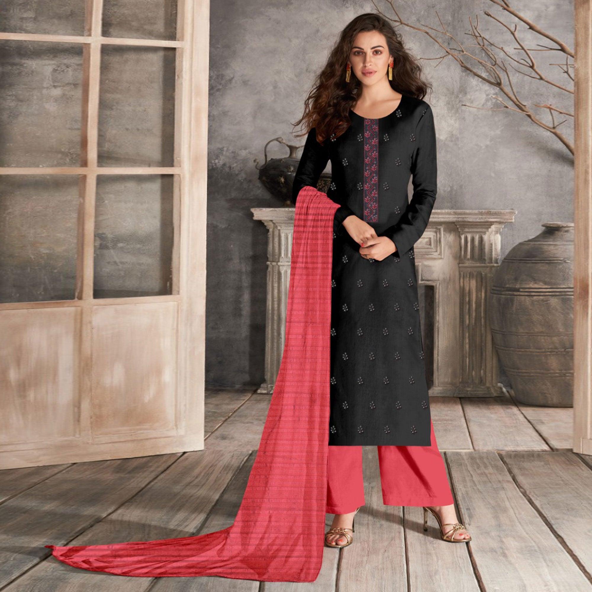 Black Casual Wear Sequence Embroidered Chinon Silk Dress Material - Peachmode