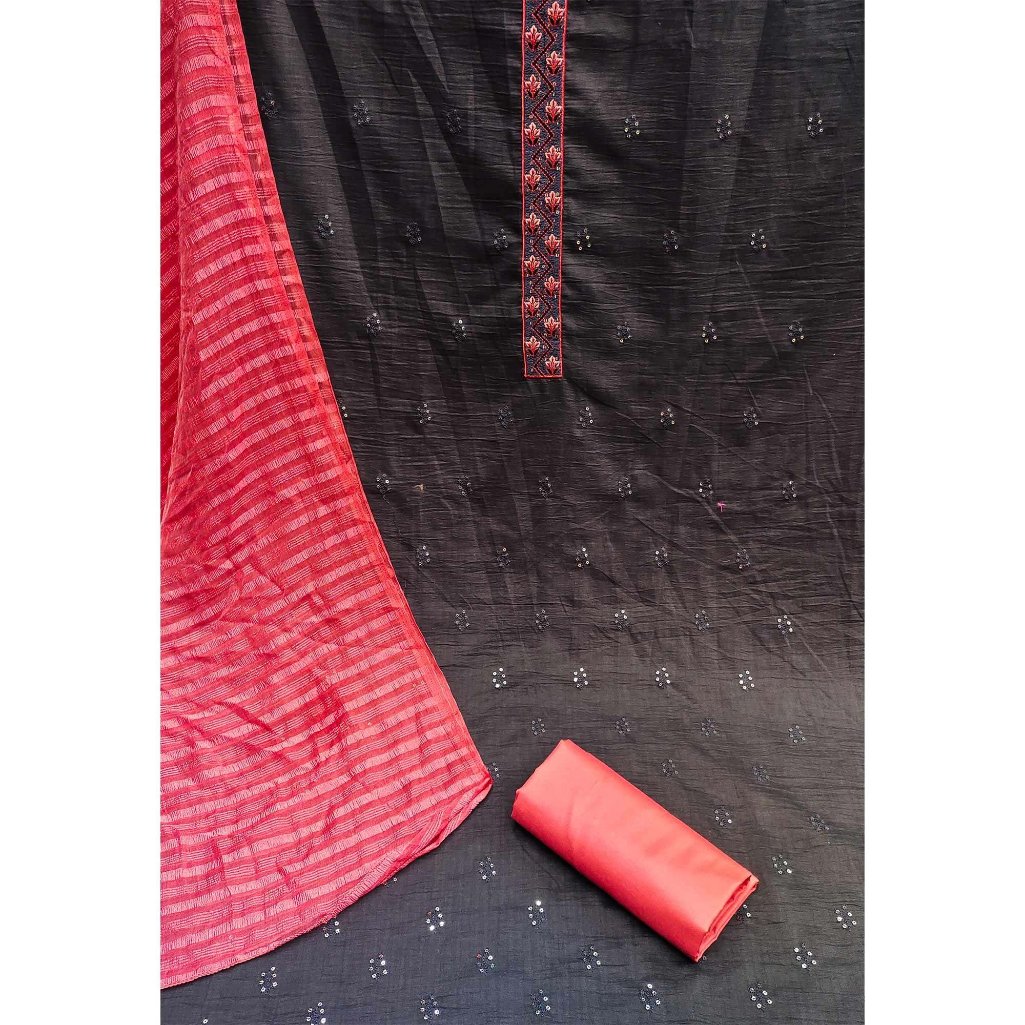 Black Casual Wear Sequence Embroidered Chinon Silk Dress Material - Peachmode