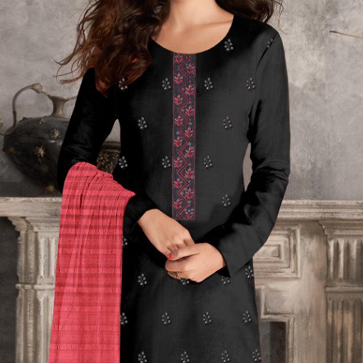 Black Casual Wear Sequence Embroidered Chinon Silk Dress Material - Peachmode