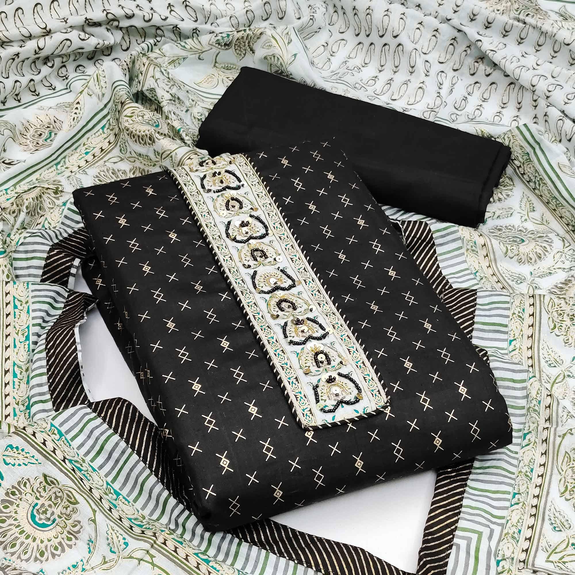 Black Casual Wear Sequence Embroidered Cotton Dress Material - Peachmode