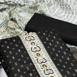 Black Casual Wear Sequence Embroidered Cotton Dress Material - Peachmode