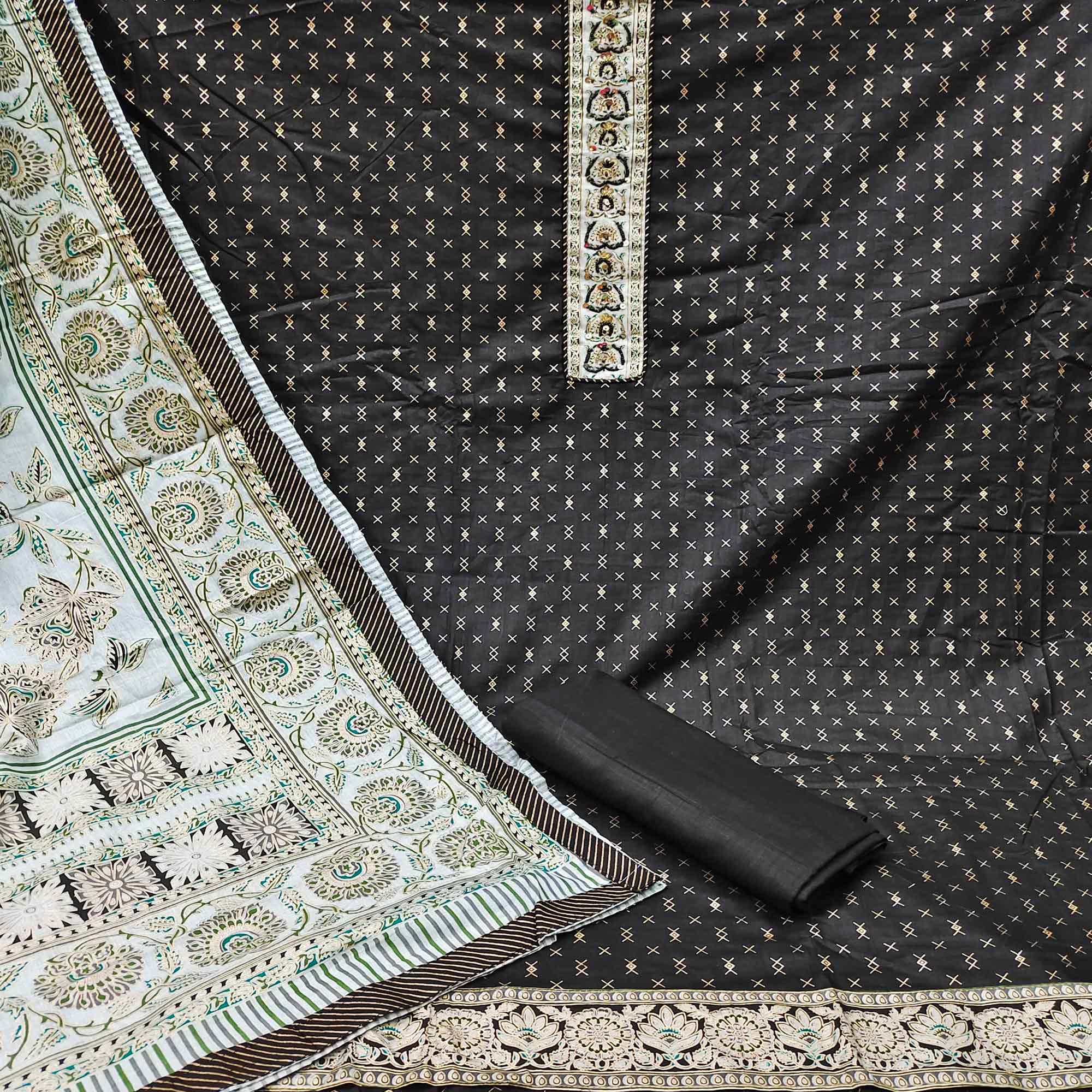 Black Casual Wear Sequence Embroidered Cotton Dress Material - Peachmode