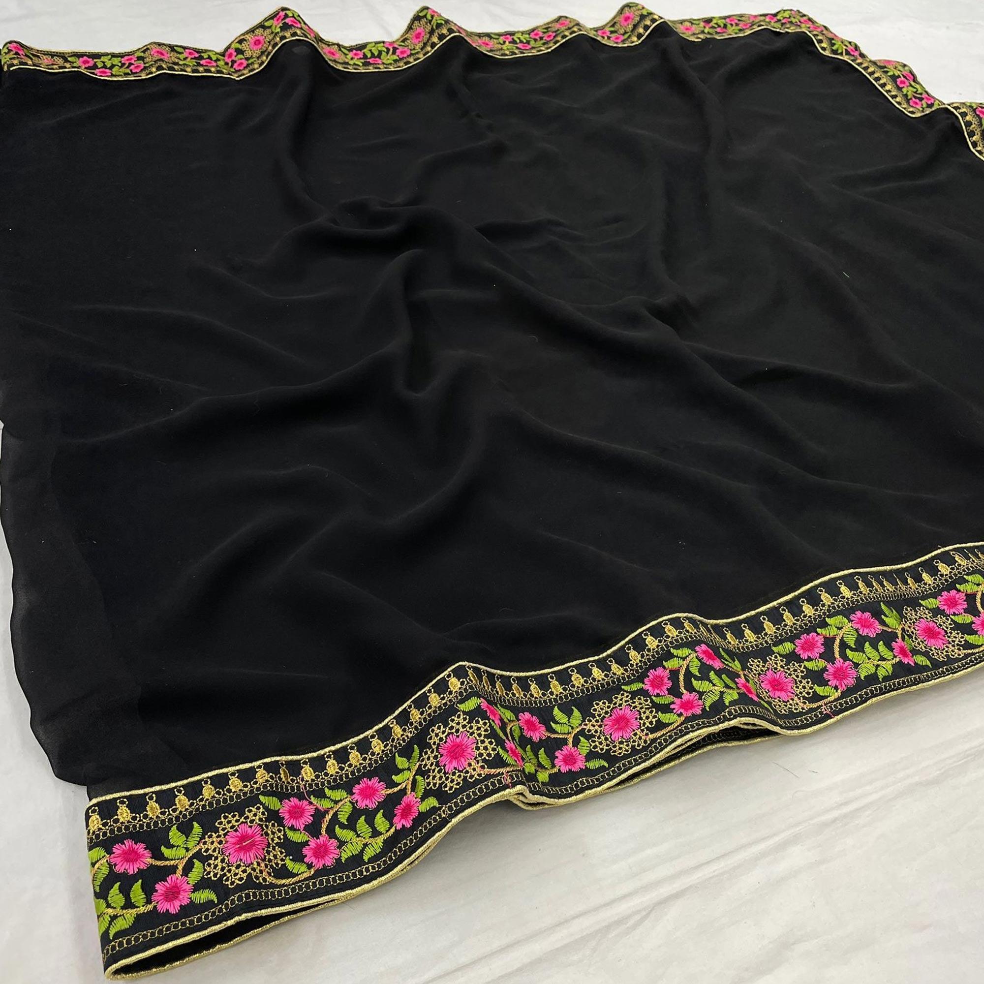 Black Casual Wear Solid With Lace Embroidery Georgette Saree - Peachmode