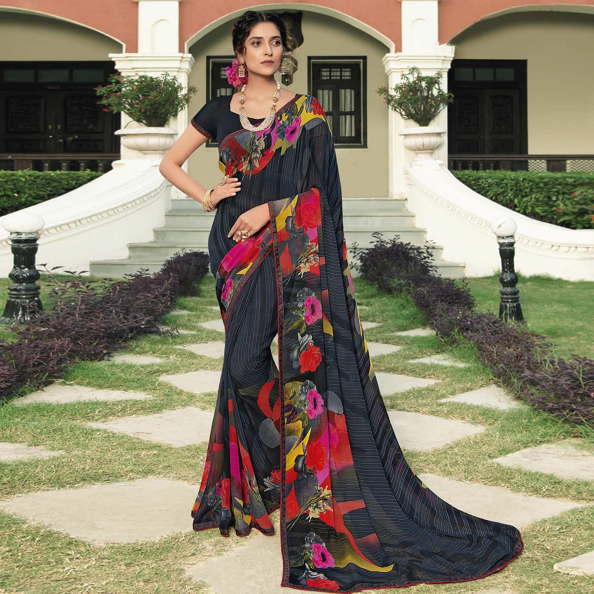 Black Casual Wear Stripe Printed Georgette Saree - Peachmode