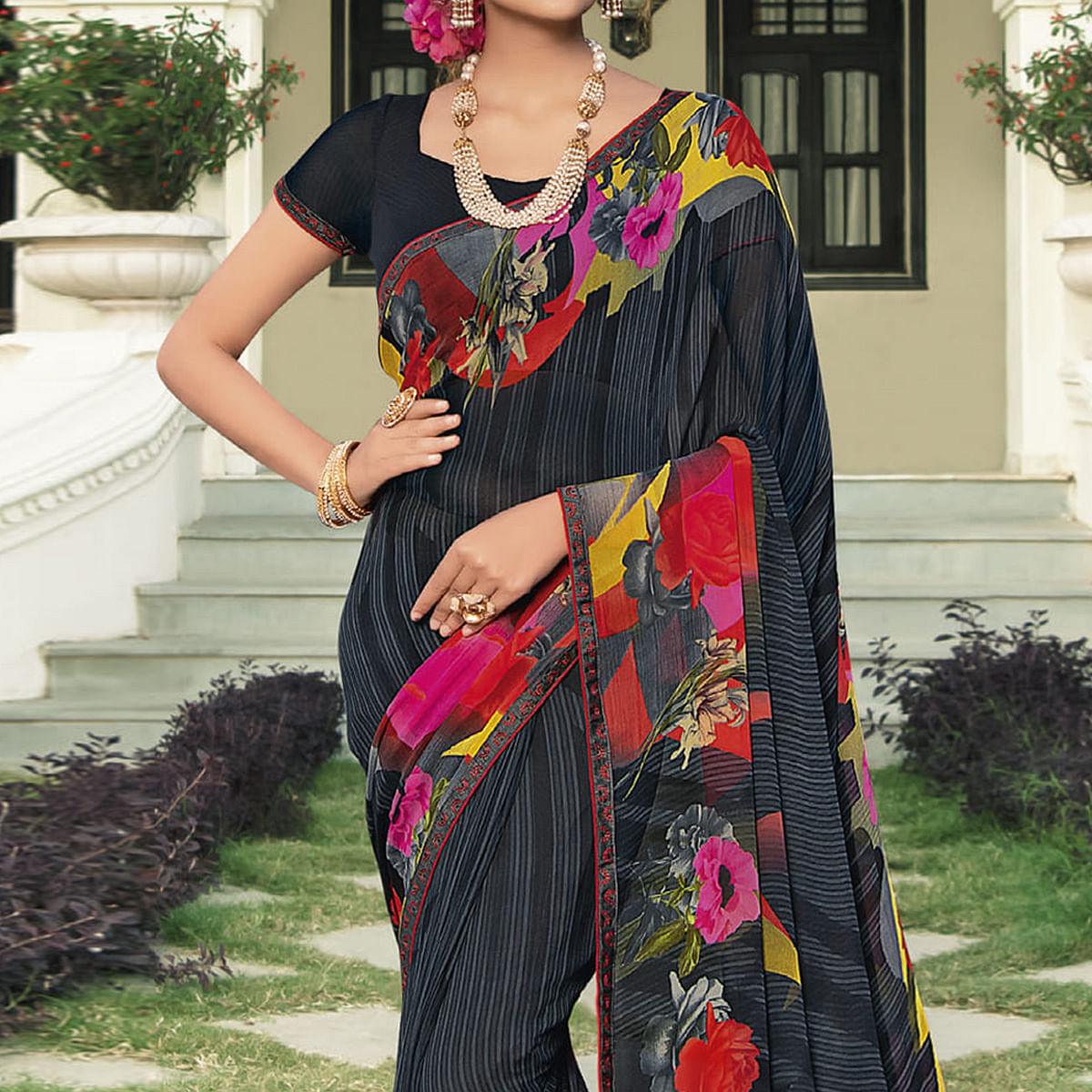 Black Casual Wear Stripe Printed Georgette Saree - Peachmode