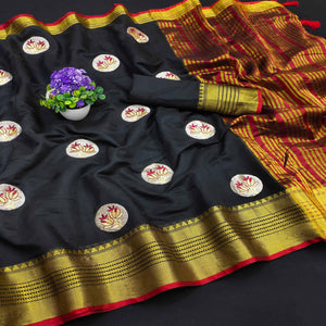 Black Casual Wear Woven Chanderi Silk Saree - Peachmode