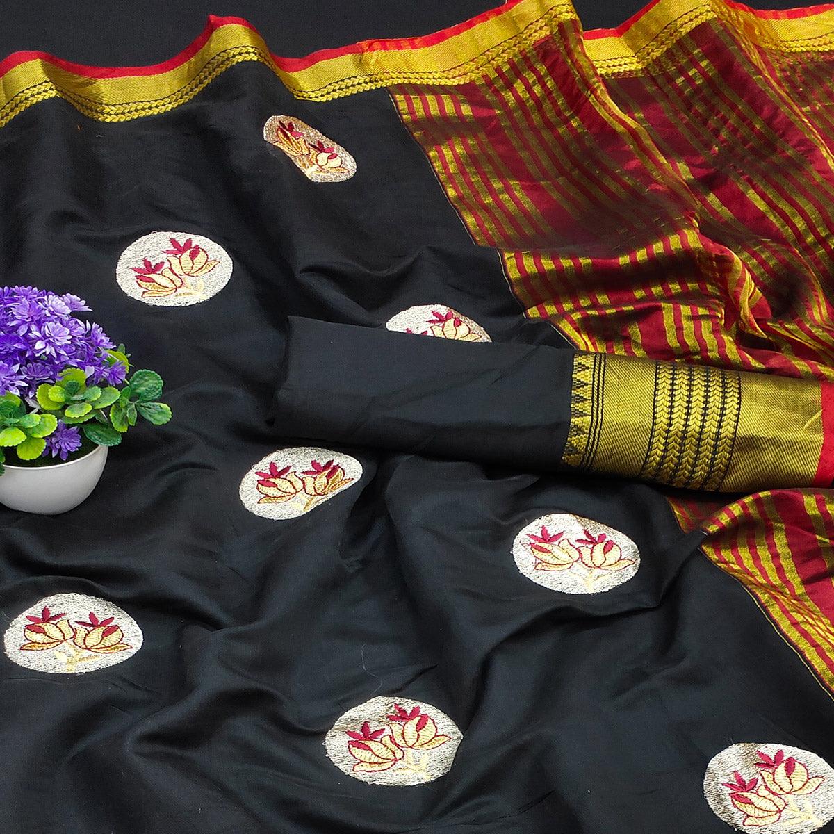Black Casual Wear Woven Chanderi Silk Saree - Peachmode